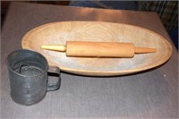 Dough Bowl, Rolling Pin and Flour Sifter