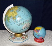 Vintage Metal World Globe 9" and World Bank 4"