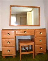 Mid Century  7 Drawer Vanity with Stool (glass on