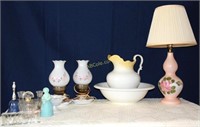 Vintage TST Bowl and Pitcher, 2 Milk Glass Lamps