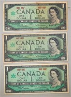 3 x  Canada $1.00 Bills (1967)
