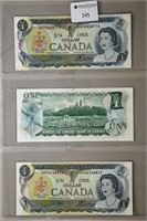 3 x $1.00 Canada Dollar Bills (1973)