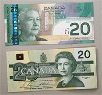 2 x  $20.00 Canada Bills (1991 and 2004)