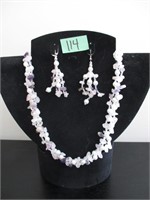 Purple & white stone bead necklace & earrings