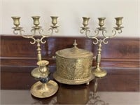 Brass Candlesticks & Urn