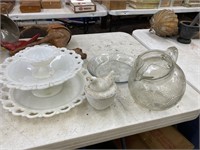 Milk glass, pitcher, pie plate