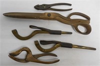 lot of 5 brass tools: shears, pliers & others