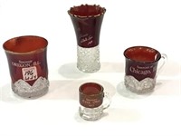 Lot of 4 Red Ruby Flash Glass Including Oregon, IL