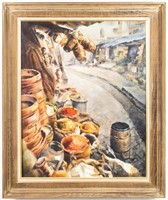 P. Archambault Signed Market Scene Oil on Canvas