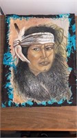 Native American Oil w Real Feathers,signed