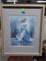 A Woman and A dog  On Stair Printing Framed Glass