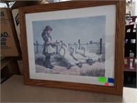 A girl  With  6 Duck Print / Glass Signed Framed