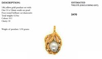 14k yellow gold pendant with pearl and diamonds