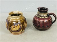 2 pcs pottery,  vase & jug  5 & 6" tall