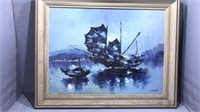 Painted ship on canvas wood frame
