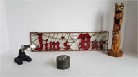 STAINED GLASS JIM'S BAR SIGN + TOTEM POLE +