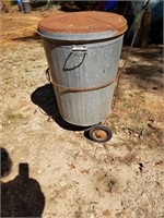 Vintage Metal Trash Can w/Lid and Roller Stand