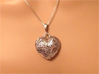 Sterling Filigree Puffed Heart Pendant Necklace