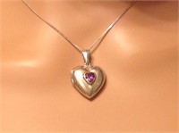 Sterling Heart Purple Stone Locket Necklace