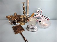 Brass candleholders water damage, glass bowls,