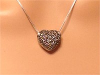 Sterling Silver Puffed Marcasite Heart Necklace