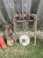 hay fork, grinding wheel and arbor