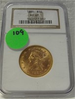 1881 LIBERTY $10 GOLD COIN - GRADED MS61