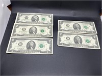 5 GEM UNC $2 Bill U.S. Notes