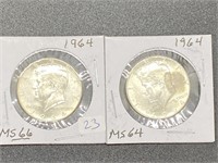 2 pcs 1964 Silver Kennedy Half Dollars