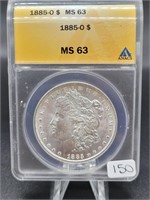 1885 O Morgan Silver Dollar ANACS MS 63