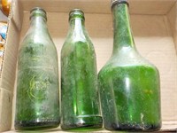 3 early green bottles, SHED