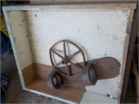 Wooden box with a small wooden wheel, SHED
