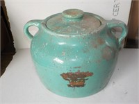 Early pottery double handled cookie jar 5.5" SHED