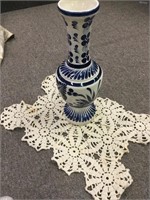 11" Blue & White Mexico Vase & 13"  Doily