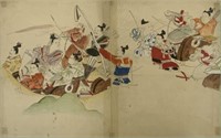Antique Asian Watercolor of Figures & Horses.