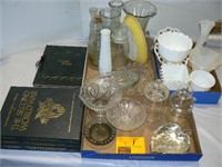 MILK GLASS, CLEAR GLASS, YELLOW PYREX PIE PLATE,