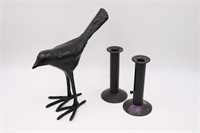 Black Metal Bird & Candlestick Pair
