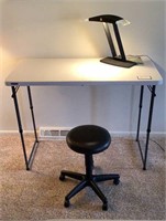 Folding Table, Rolling Stool, and Light