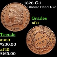 1826 C-1 Classic Head 1/2c Grades xf+