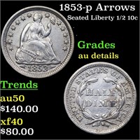 1853-p Arrows Seated Liberty 1/2 10c Grades AU Det