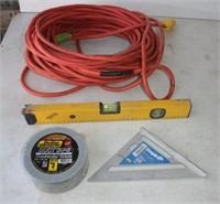 Ext. Cord Approx. 100', 15" Level, Duct Tape & Sq.