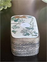 L - Vintage Sterling Enameled Stone Trinket Box