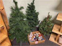 3 TABLE TOP CHRISTMAS TREES & ORNAMENTS
