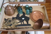 LOT OF WALL ART, INSULATORS, TRAY, TEA POTS AND