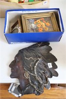 LOT OF SMALL FRAMED ART AND CERAMIC INDIAN HEAD