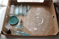 LOT OF GLASS BOTTELS, SERVING TRAY, SMALL