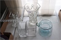 DESSERT STAND, WATER PITCHER, AND GLASS VASES