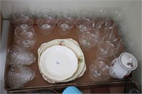 LOT OF GLASS STEMWARE, PLATES AND COVERED