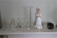 LOT OF GLASSWEAR, FIGURINE AND CANDLE STICK