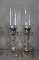 TWO GLASS TABLE LAMPS WITH HANGING PENDANTS 16"